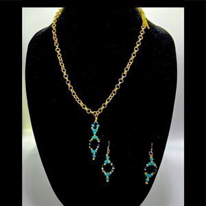 Swarovski Turquoise, Gold & Black Bead Earrings & Pendant w/ Gold-Tone Necklace